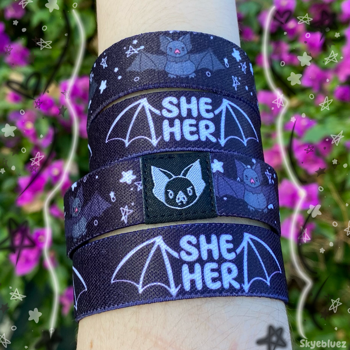 She/Her Pronouns Bat Bracelet - Double-Sided Elastic Wristband