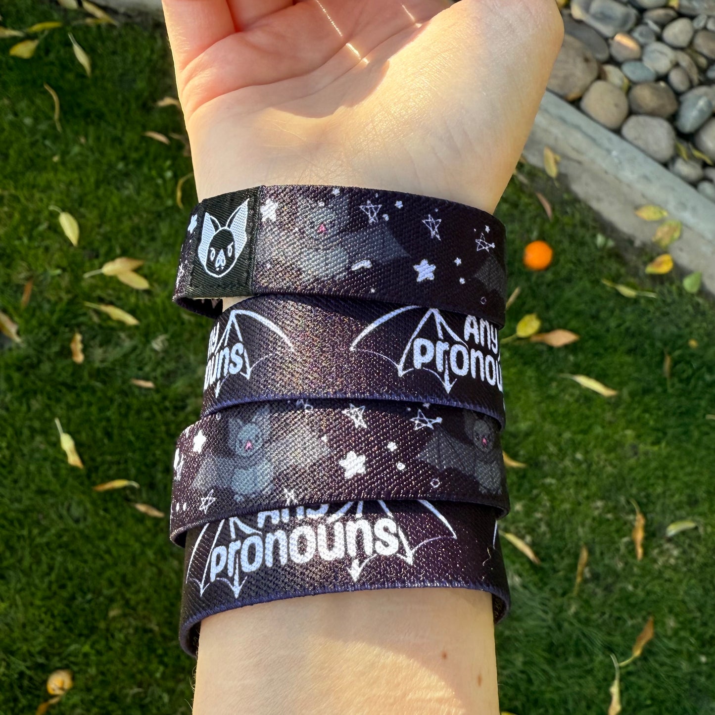 Any Pronouns Pronouns Bat Bracelet - Double-Sided Elastic Wristband