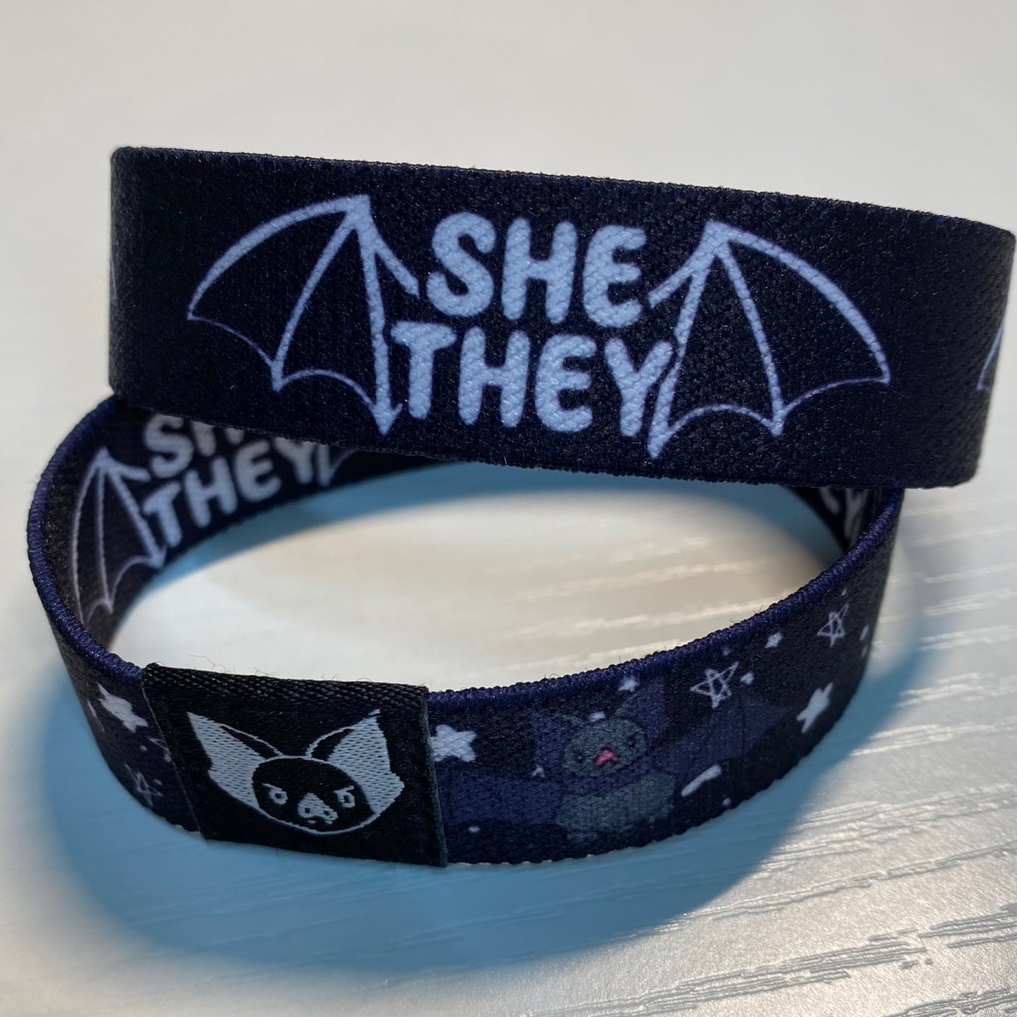 She/They Pronouns Bat Bracelet - Double-Sided Elastic Wristband