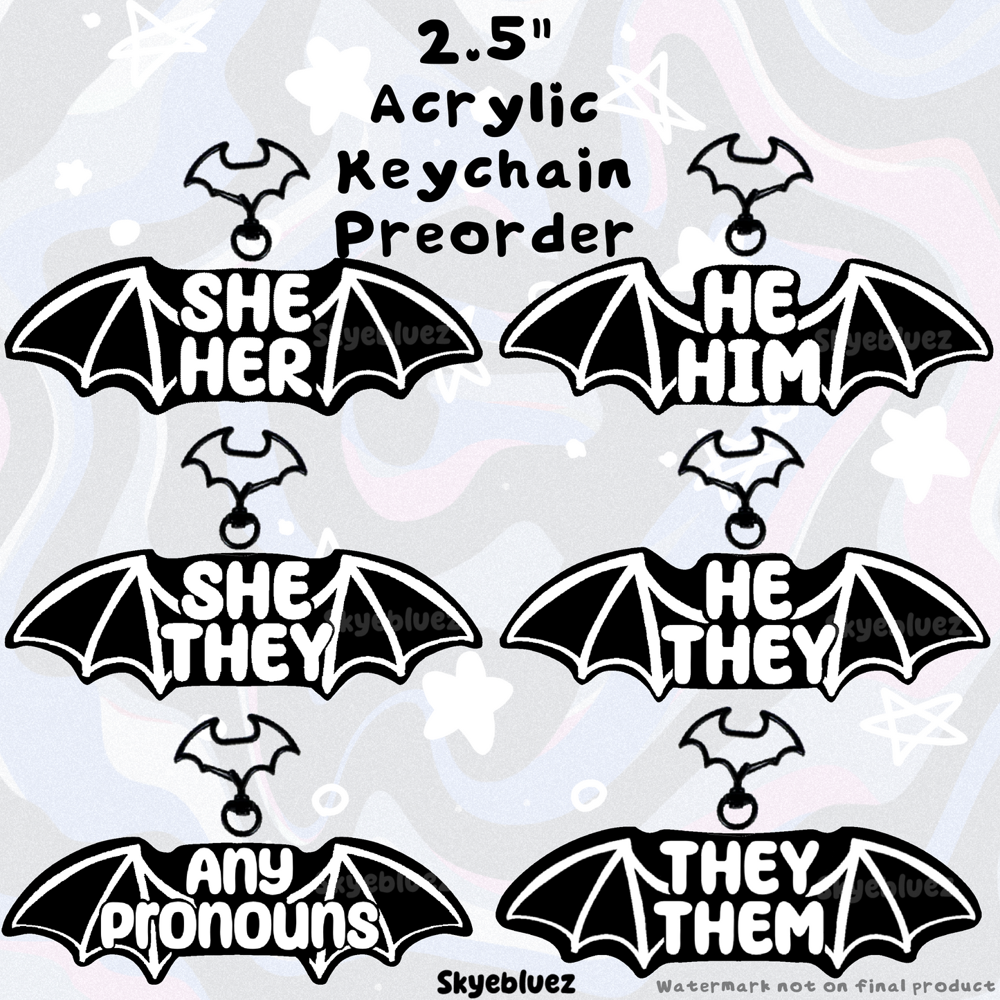Pronoun Bat Wings 2.5” Acrylic Keychain ‼️PREORDER‼️(Black/White)