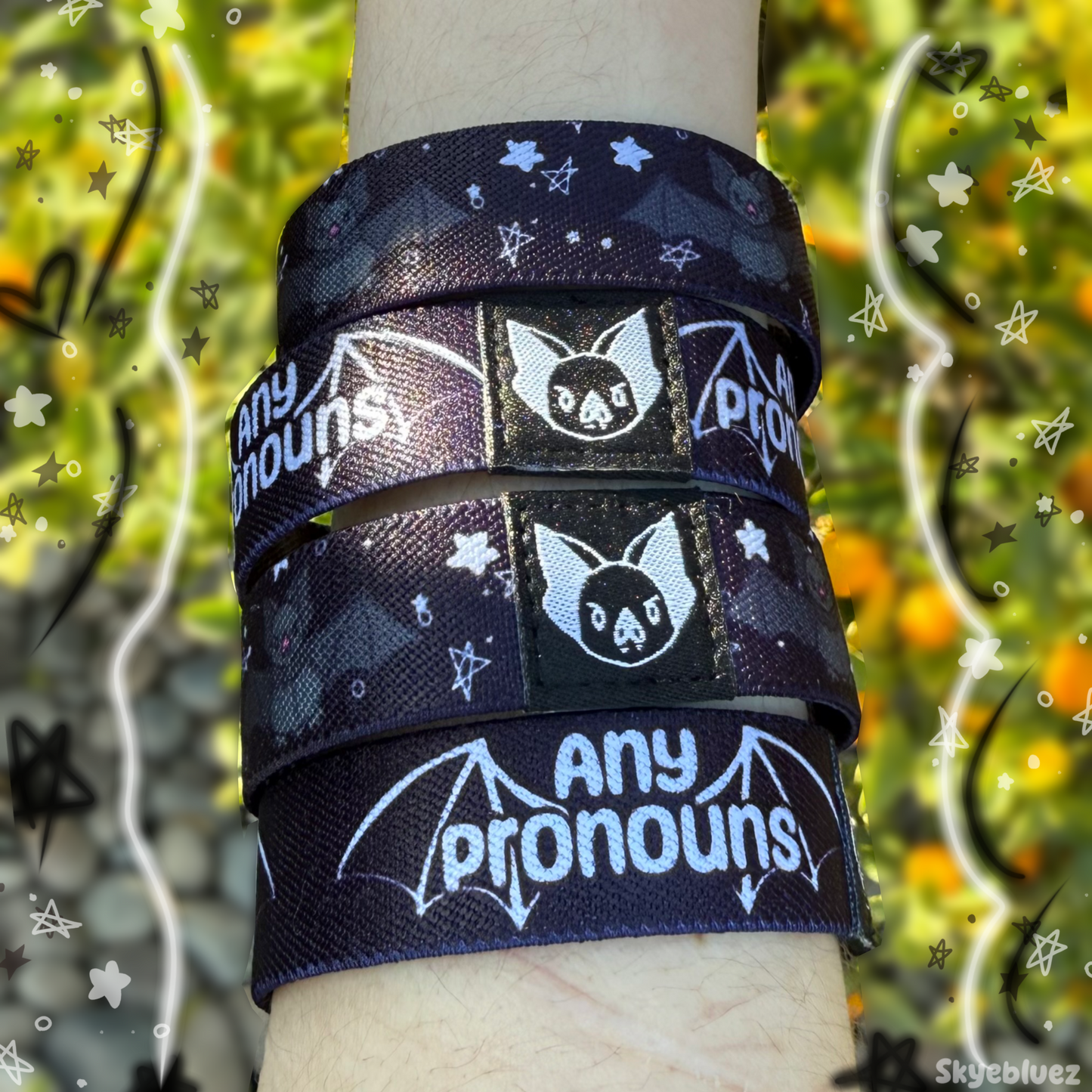 Any Pronouns Pronouns Bat Bracelet - Double-Sided Elastic Wristband