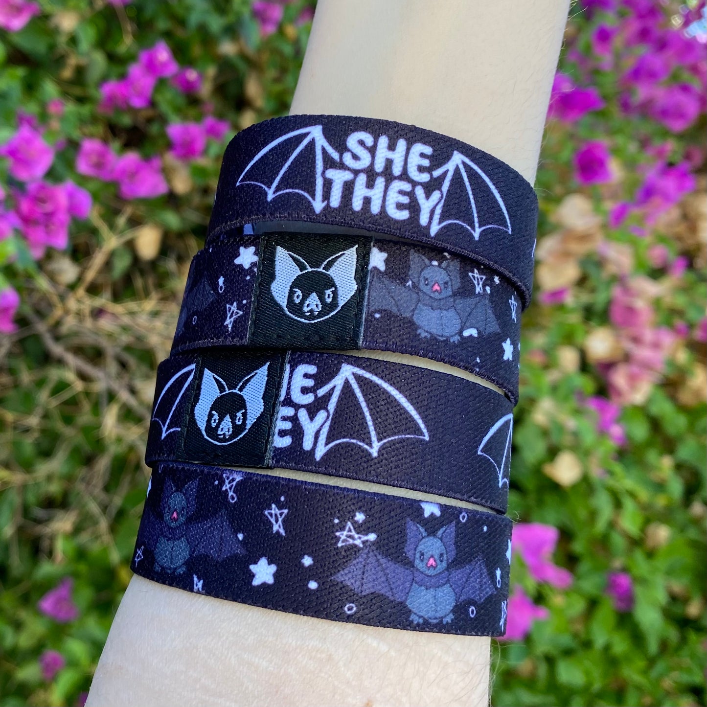 She/They Pronouns Bat Bracelet - Double-Sided Elastic Wristband