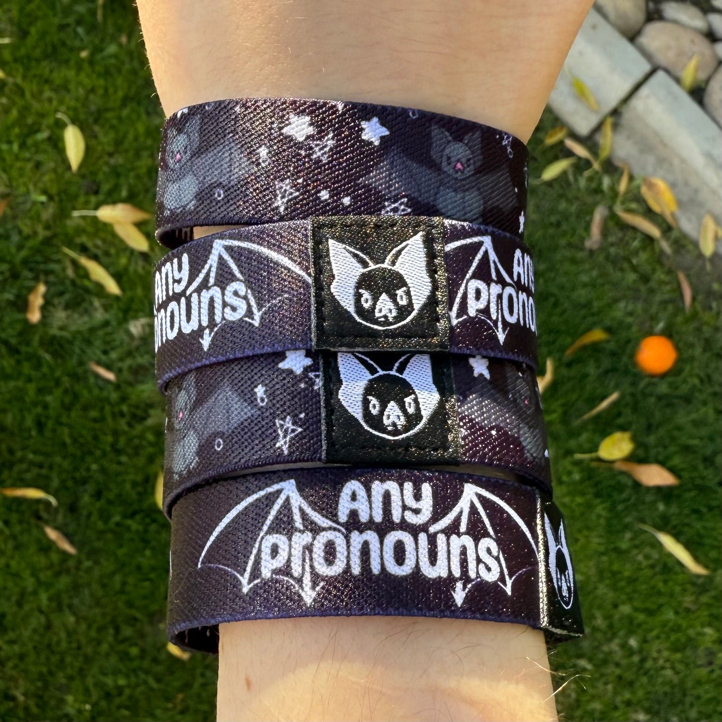 Any Pronouns Pronouns Bat Bracelet - Double-Sided Elastic Wristband