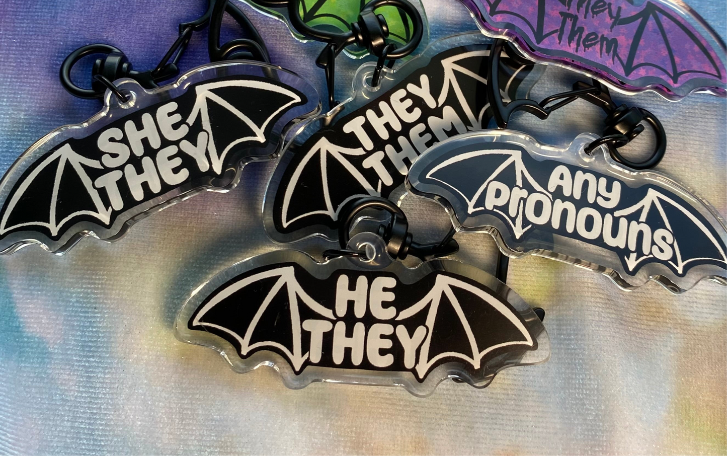 Pronoun Bat Wings 2.5” Acrylic Keychain ‼️PREORDER‼️(Black/White)