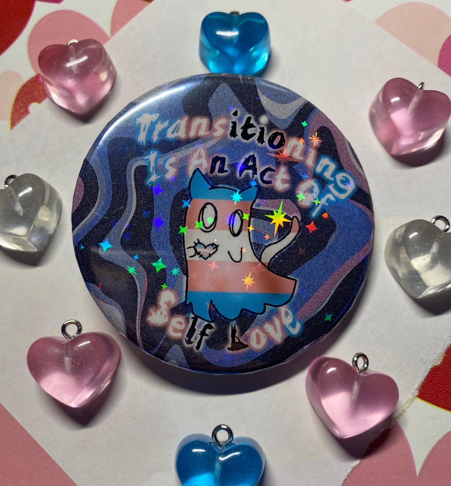 Transitioning Is An Act Of Self Love | holographic Ghost Cat Pin Back Button