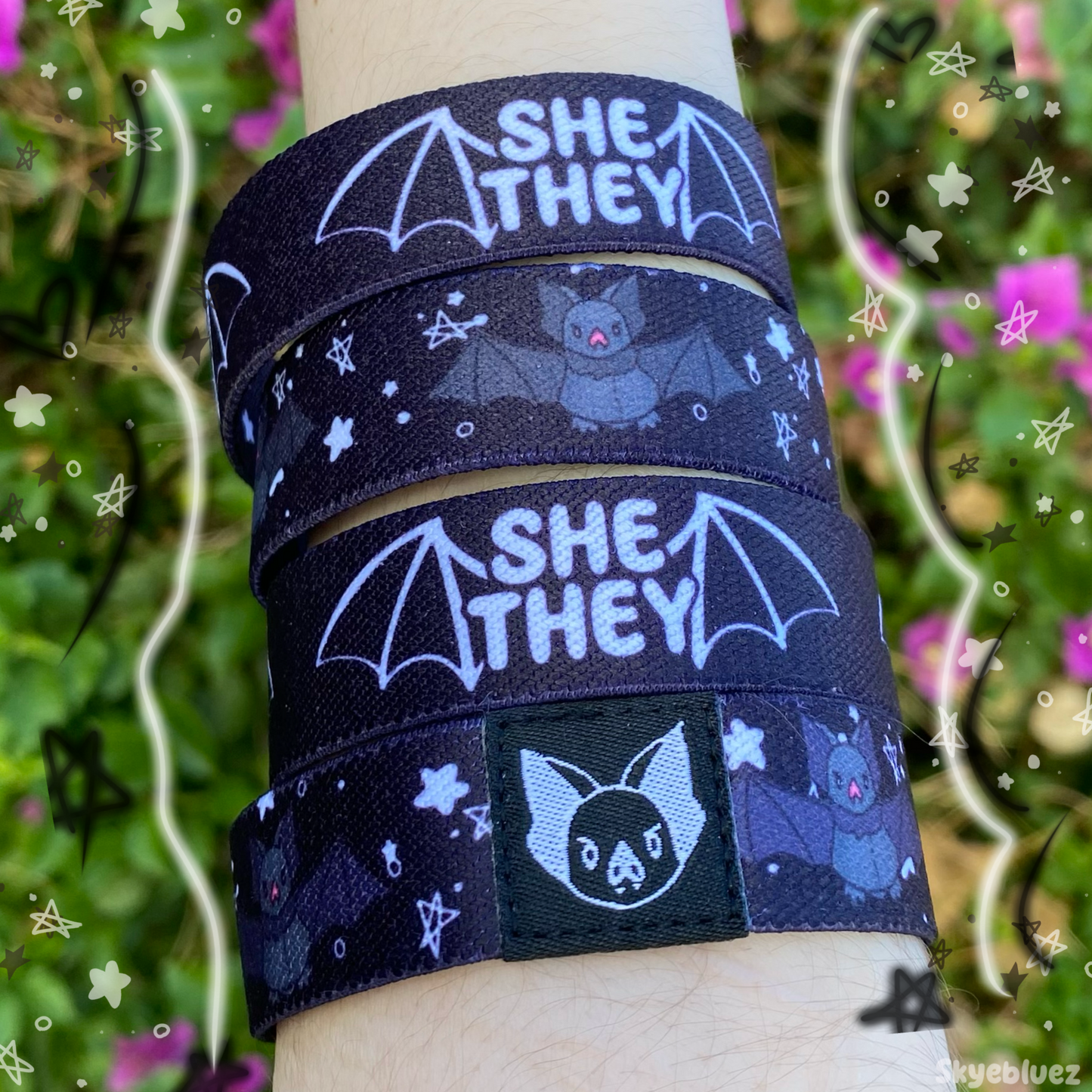 She/They Pronouns Bat Bracelet - Double-Sided Elastic Wristband