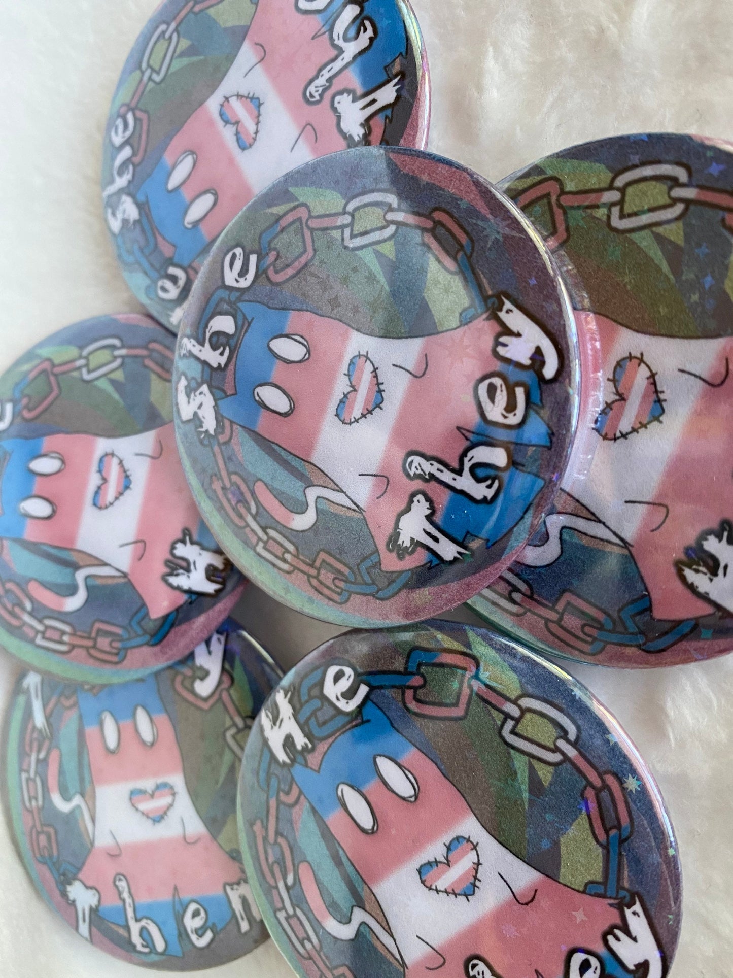 Pronoun Pin Back Buttons | Trans Ghost Cat Holographic Star button