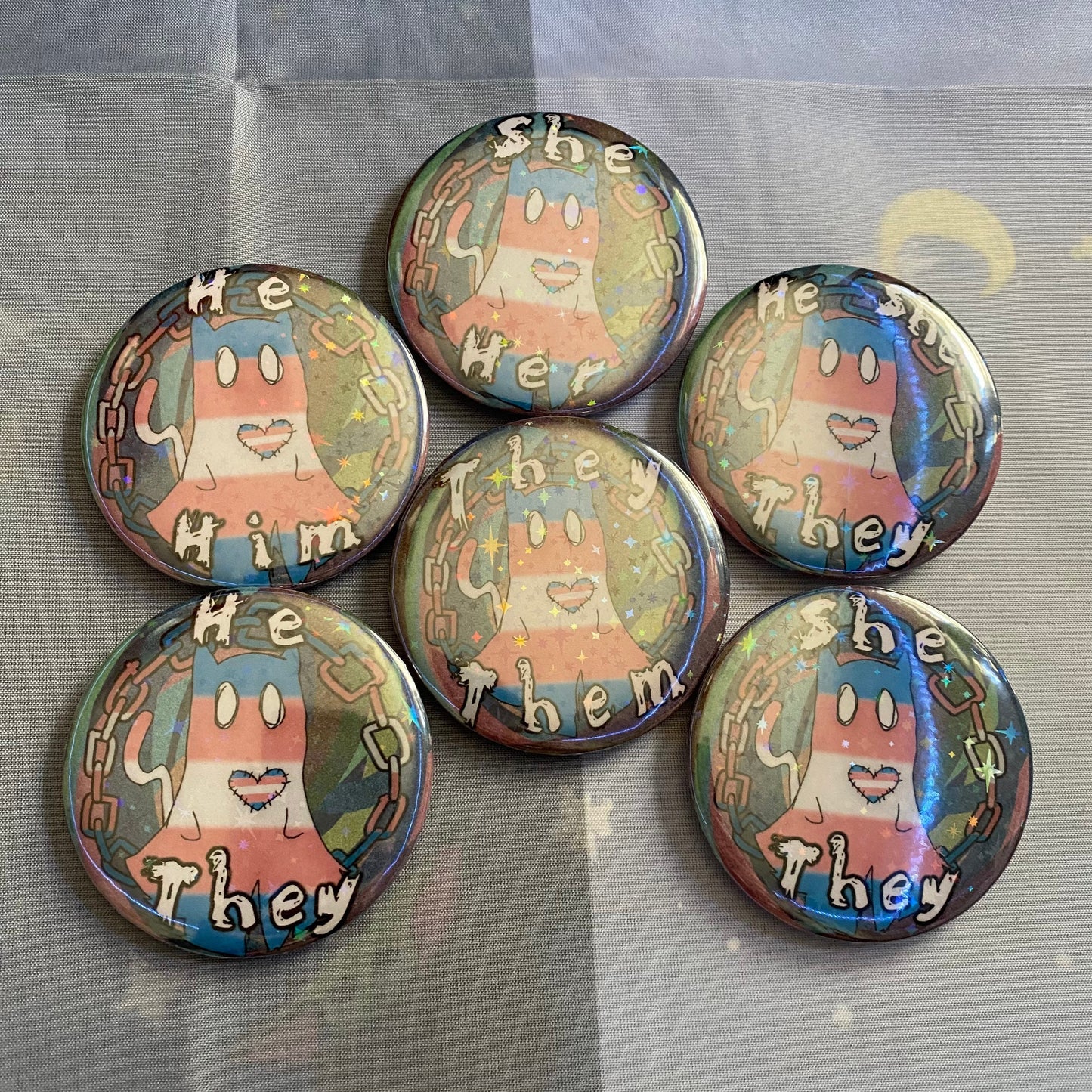 Pronoun Pin Back Buttons | Trans Ghost Cat Holographic Star button