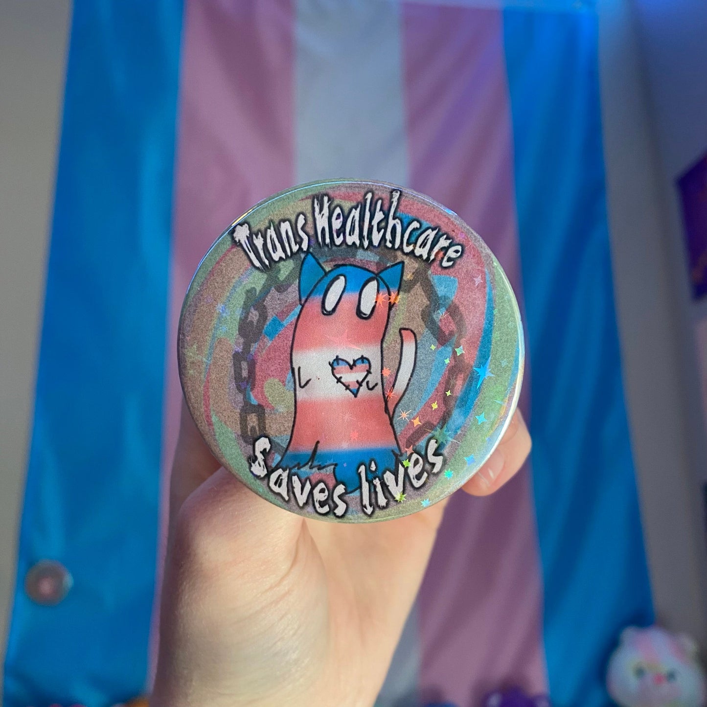Trans Healthcare Saves Lives | holographic Ghost Cat Pin Back Button